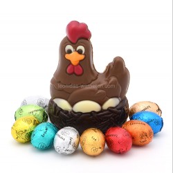 Figurine de Pâques Leonidas - Poule en chocolat au lait quadricolore et 10 petits œufs de Pâques - Leonidas Warneton (Belgique)